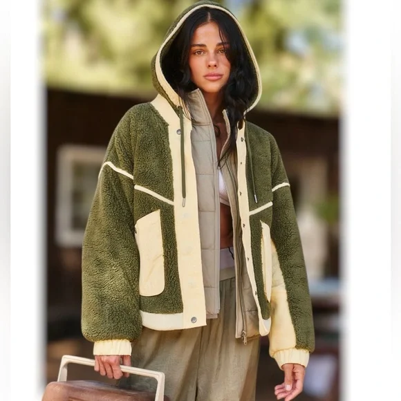 Last 2! NWT Free People x FP Movement Trail Bender Fleece Hooded Jacket Seagrass - Picture 4 of 15